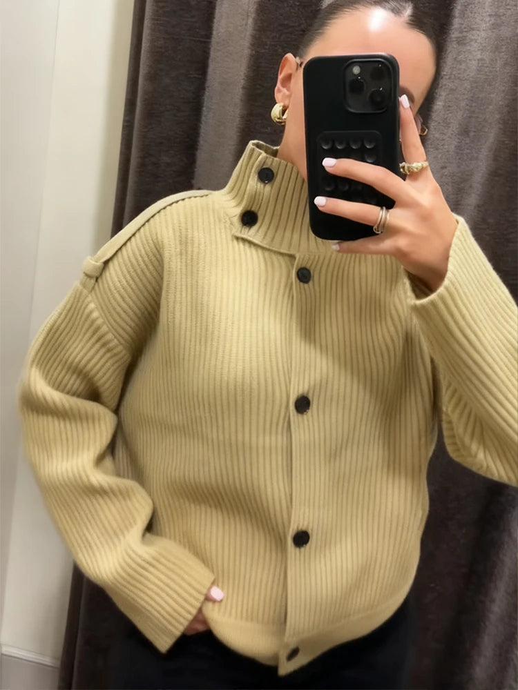 Elegant Stand Collar Knitted Sweater For Women Y2K Chic Long Sleeve Single Breasted Cardigan Lady Street Evening Party Knitwear