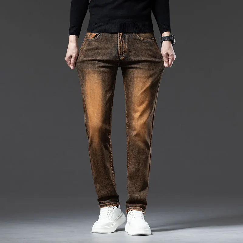 High Quality Brown Winter Jeans Men's Thickened Velvet Warm Elastic Straight Denim Pants Fashion Vintage Korean Plush Trousers