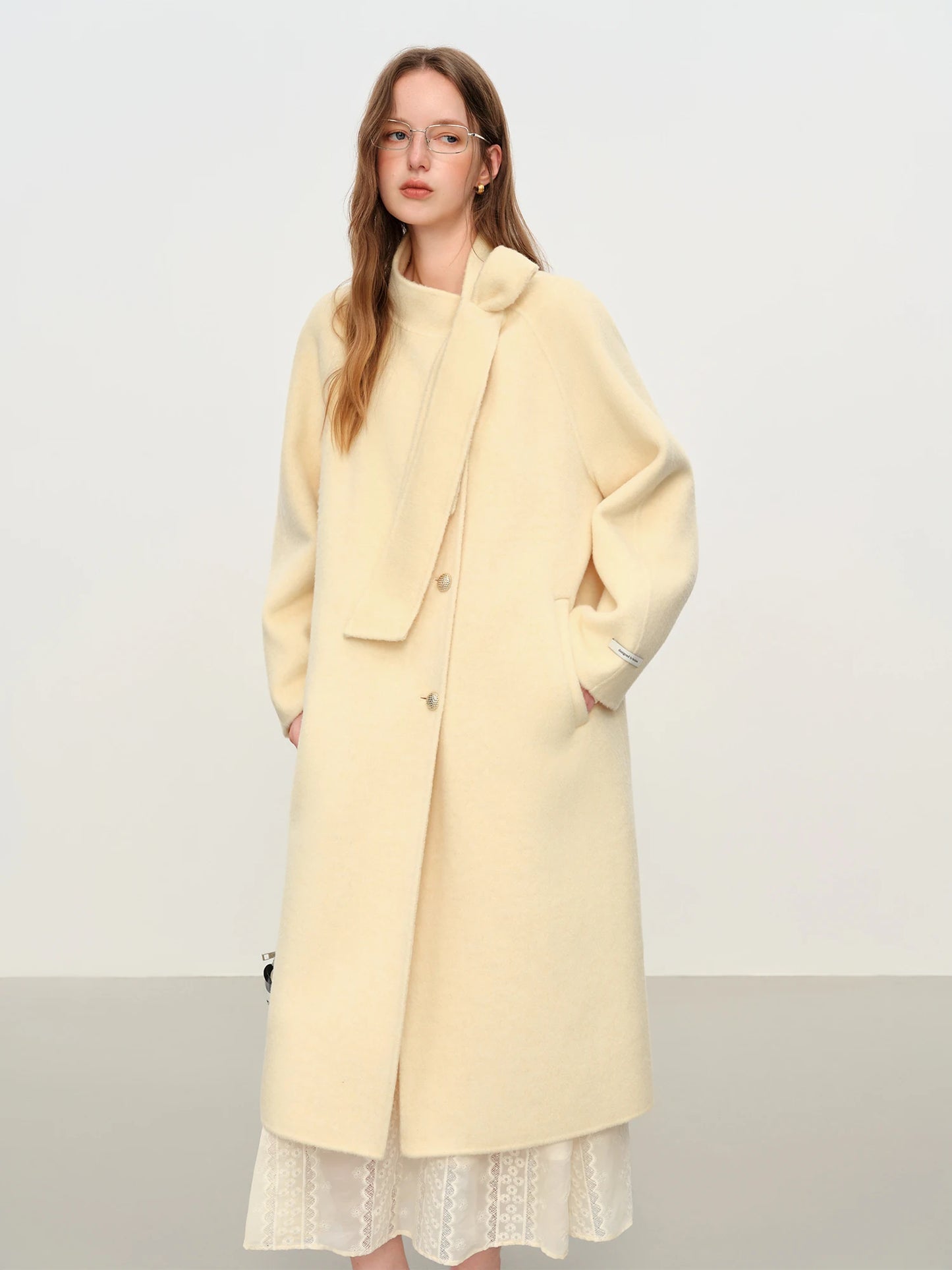 FSLE Winter 2025 Women Stand Collar Tie Detail Double Faced Wool Blend Coat - Long Length Elegant Outerwear for Casual Winter