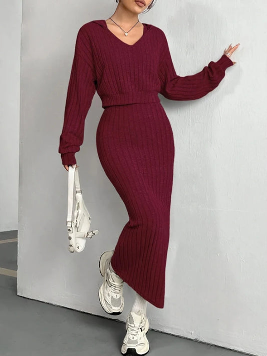 2pcs Set Women's Knitted Loose Long Sleeved Red Dress Suit Autumn New Hooded Sweater Fashionable  Casual Commuting Suits