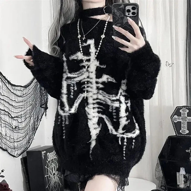 Dark Punk Sweater Women Harajuku Y2K Long Sleeve Knit Pullover Black Gothic Street Loose Top American Vintage Lazy Knitwear