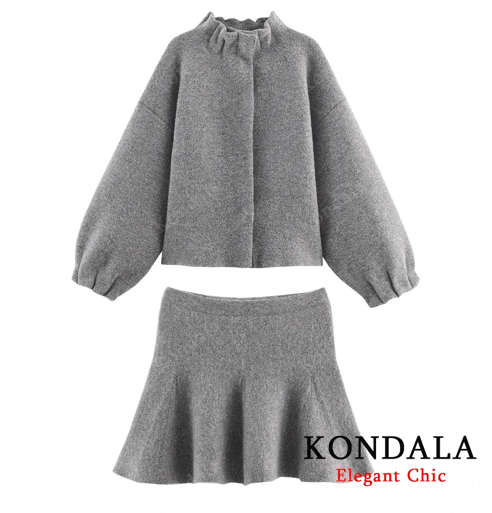 KONDALA Ladies Fall Knitted Skirt Set Pleated O-Neck Buttons Jacket, Mini Skirt 2025 Autumn Fashion Elegant Female Skirt Suit