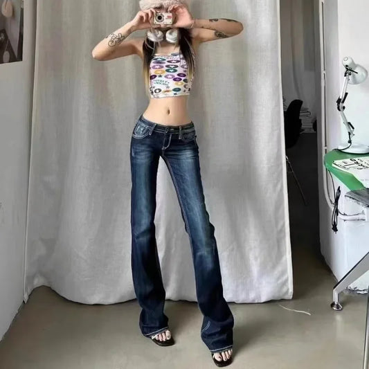 Blue Low Rise Flare Jeans Vintage 2000s Slim-fitting Denim Pants Korean Style Women Trousers y 2 k Distressed Mom 90s