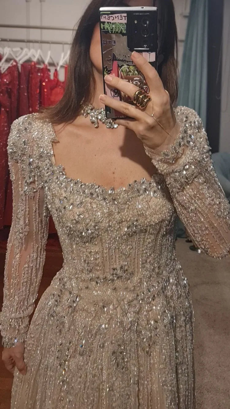 FATAPAESE Exquisite Stones Beads Haute Couture Evening Dresses Luxury Long Sleeve Prom Dresses for Wedding Party Arabic Dress