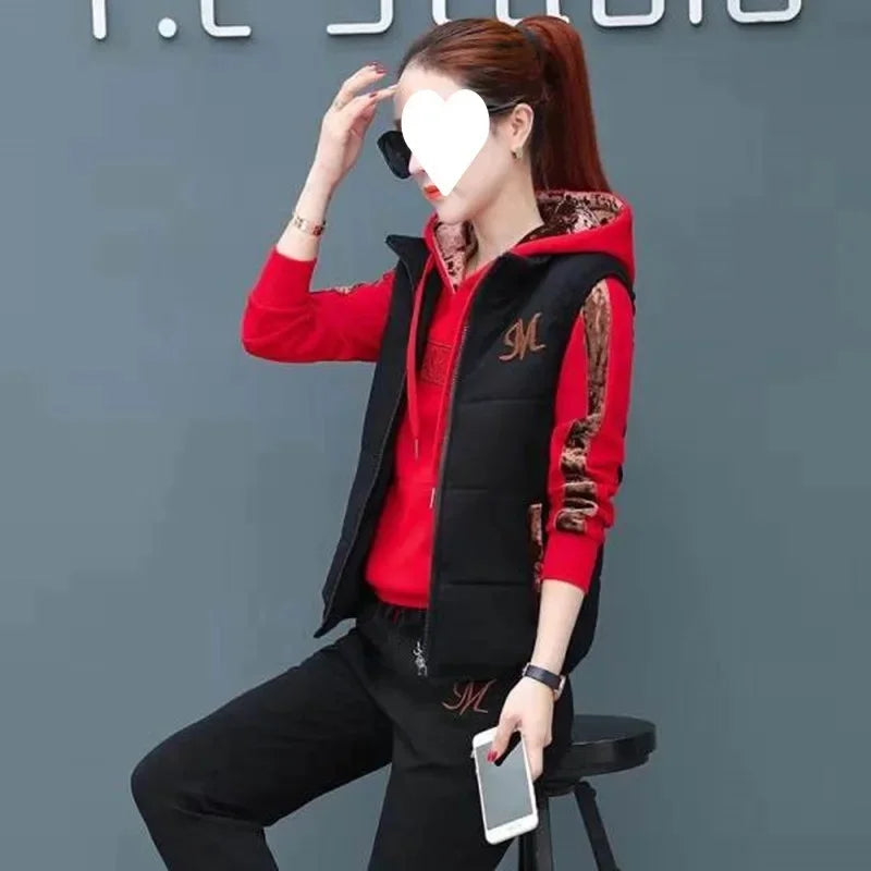 Women's Autumn Winter 2023 New Plus Size Casual Three-Piece Set Fleece-Lined Thickened Sportswear Sweatshirt