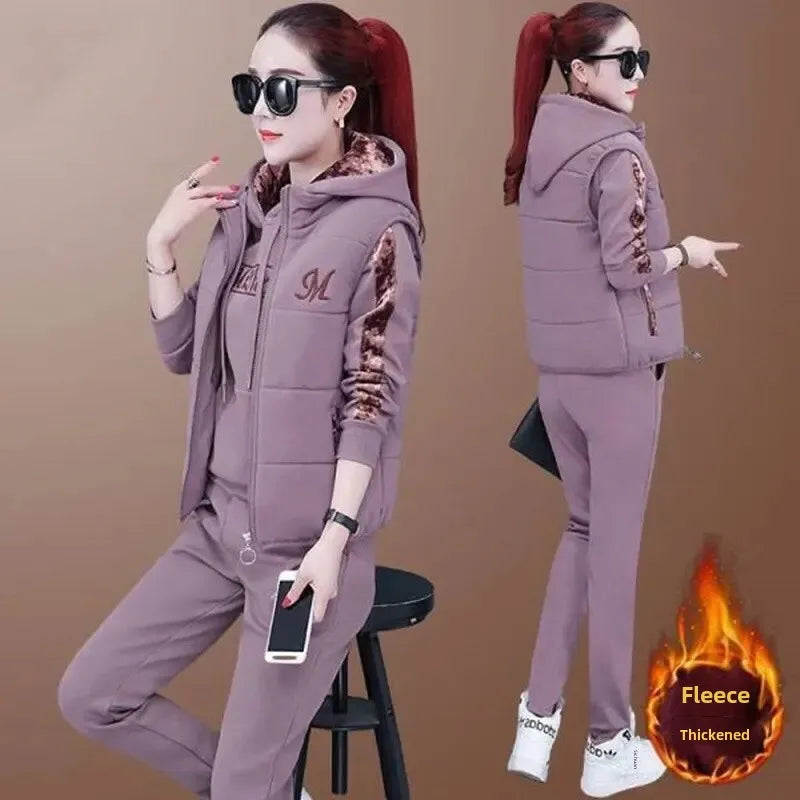 Women's Autumn Winter 2023 New Plus Size Casual Three-Piece Set Fleece-Lined Thickened Sportswear Sweatshirt