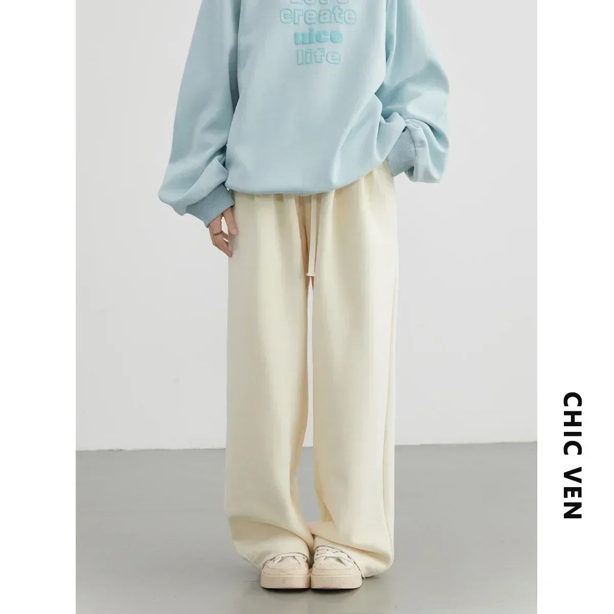 CHIC VEN Women's Pant Streetwear Solid Loose New Drawstring Sports Casual Trousers High Waisted Pants Autumn Winter 2025