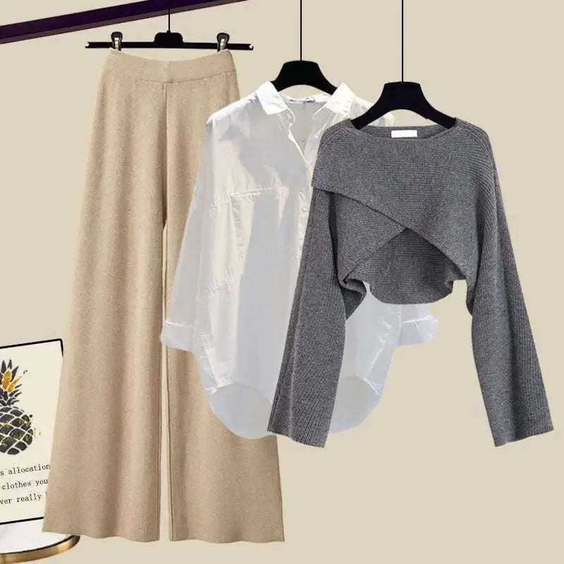 Autumn Knitted Sweater Wide Leg Pants Three Piece Set Plus Size Women's Fashion Slimming Shirt Dress Combo Female Wardrobe
