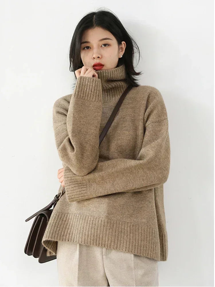 CHIC VEN Fashion Women's Loose Turtleneck Sweaters Warm Solid Pullover Knitwear Basic Female Jumpers Autumn Winter 2025