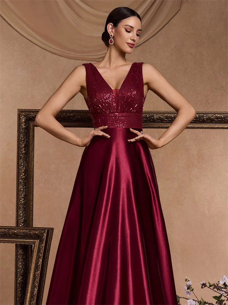 Lucyinlove Elegant Sequins Evening Dresses Luxury Women Deep V-neck Satin Prom Party Floor Length Formal Cocktail Gowns
