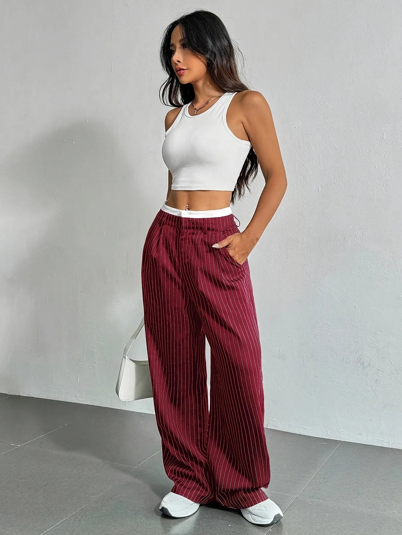 Women's Straight Leg Pinstripe Trousers High Waist Office Business Pants Casual Striped Dressy With Pockets