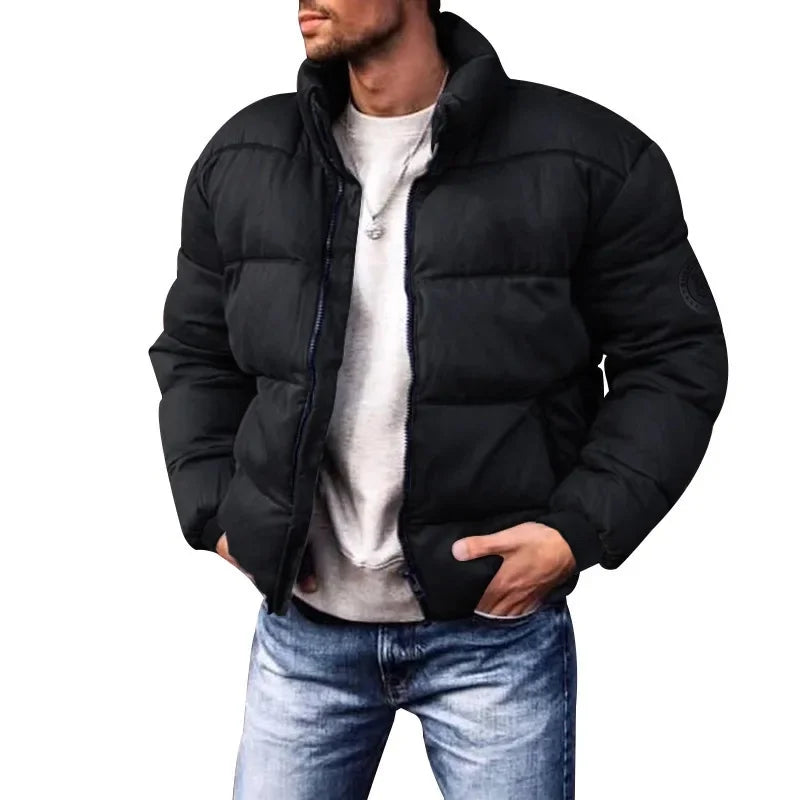 Men's Winter Thickened Cotton Jacket Stand Collar Fleece Lined Coat Casual Outerwear Regular Fit from Mainland China