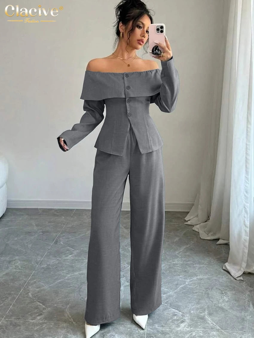 Clacive Fashion Loose Gray 2 Pieces Set For Woman 2026 Elegant Long Sleeve Shirt With High Waist Wide Pants Set Female Clothing