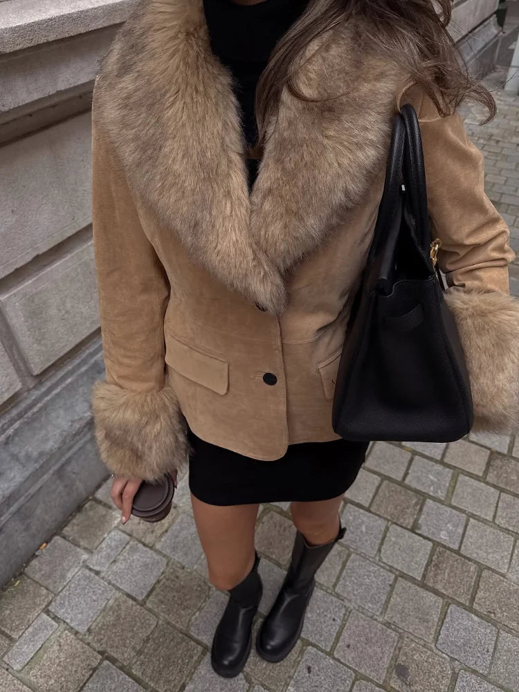 Fashion Faux Fur Suede Patchwork Sleeve Lapel Jacket For Women 2026 Elegant Single Breasted Coat High Street Lady Chic Outerwear