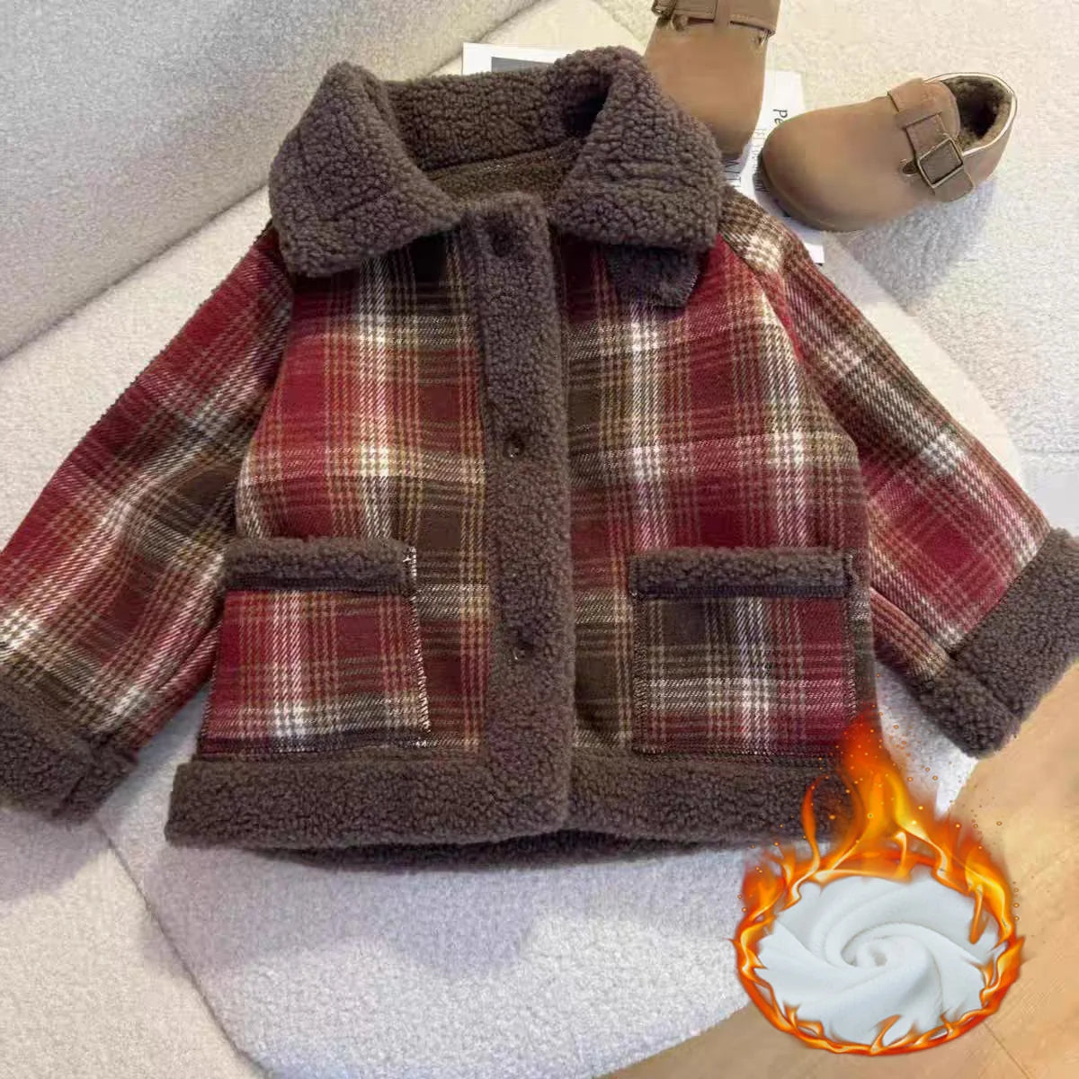 Plush Velvet Girls Jackets Plaid Kids Thickened Winter Coats Lamb Fur Turn-down Collar Outerwear Children Fleece-lined Clothes