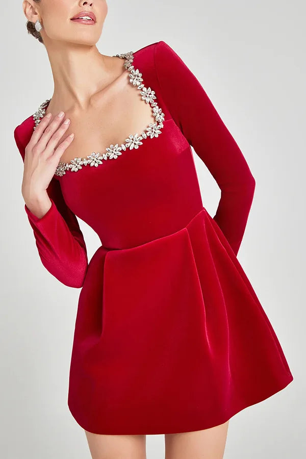 Women Long Sleeve Square Collar Beading Velvet Dress High Waist Slim A-line Party Dresses Ladies Evening Gowns