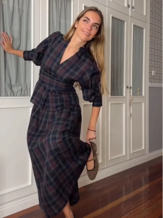 Casual Lace Up Pleated Checkered Suit Women Elegant Long Lantern Sleeves Slim fit Set 2025 Autumn Office Lady Commute outfits