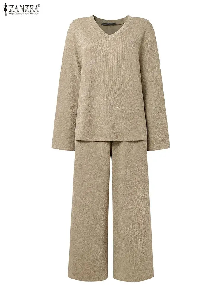 ZANZEA Elegant Pant Sets Women Long Sleeve V-Neck Pullovers Long Pants Knitted 2pcs 2025 Fashion Casual Autumn Streetwear Outfit