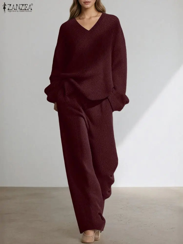 ZANZEA Elegant Pant Sets Women Long Sleeve V-Neck Pullovers Long Pants Knitted 2pcs 2025 Fashion Casual Autumn Streetwear Outfit