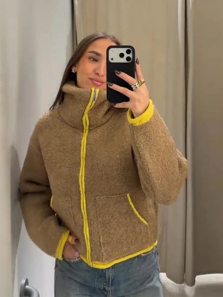 Color Blocking Knit Jacket Lady Long Sleeve Loose Zipper Pocket Casual Coat Chic Fashion Street Women's New Early Autumn Jackets