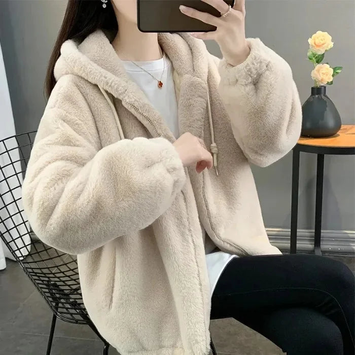 Double-Sided Long Plush Jacket Women's Loose Thickened Warm Coat with Hood V-Neck Chinese Brand Female Outerwear Coat