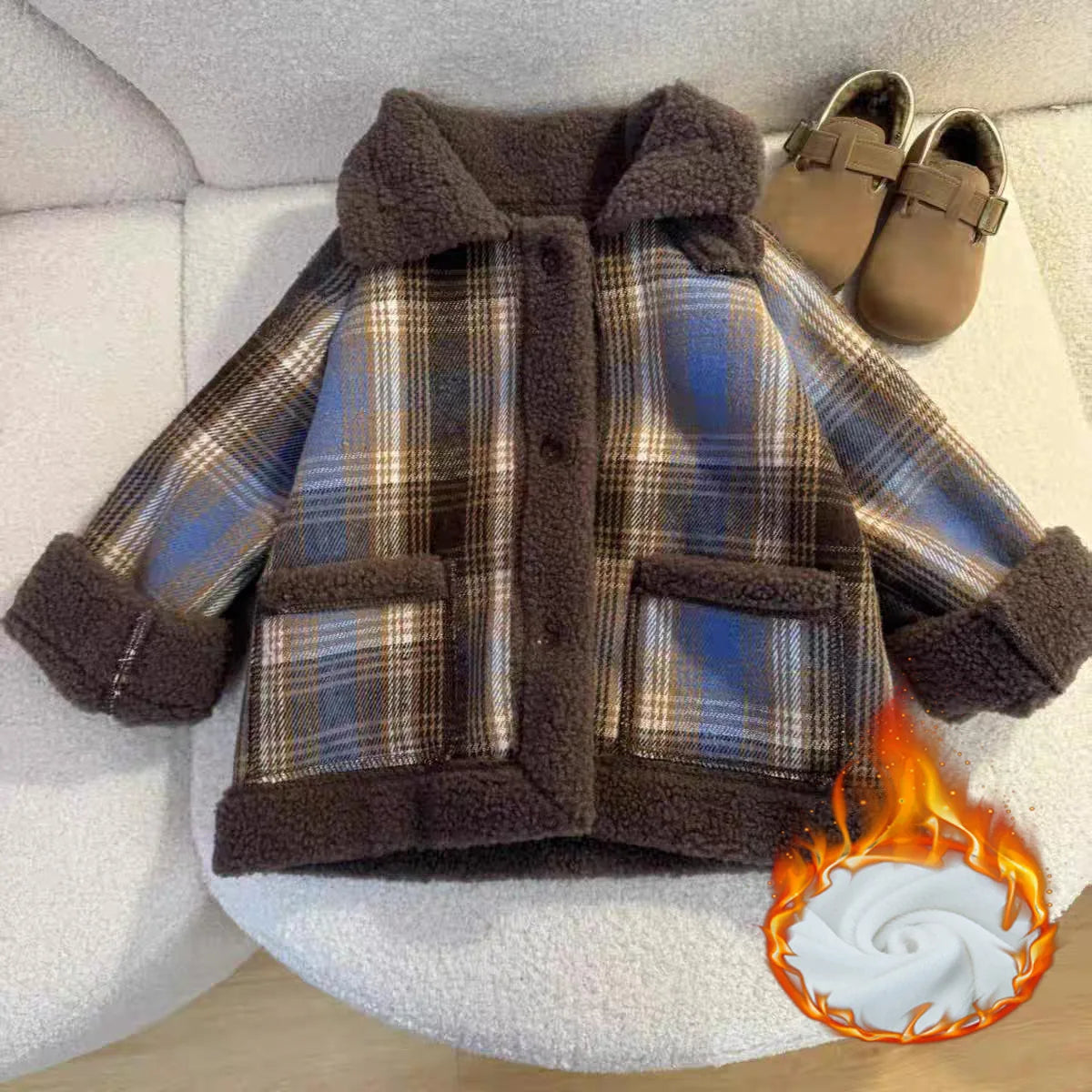 Plush Velvet Girls Jackets Plaid Kids Thickened Winter Coats Lamb Fur Turn-down Collar Outerwear Children Fleece-lined Clothes
