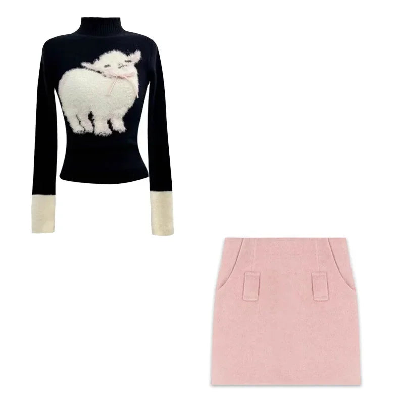 Winter Vingate New 2 Piece Set Women Patchwork Elegant Y2k Knitted Skirt Suit Female Korean Fashion Design Casual Belt Set 2025